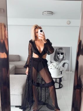Black Sheer Maxi Dress with Cut-Out Waist and Ruffle Trim